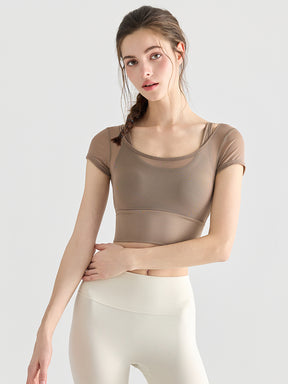 フェイクレイヤード メッシュ切り替え 半袖 ブラカップ付き