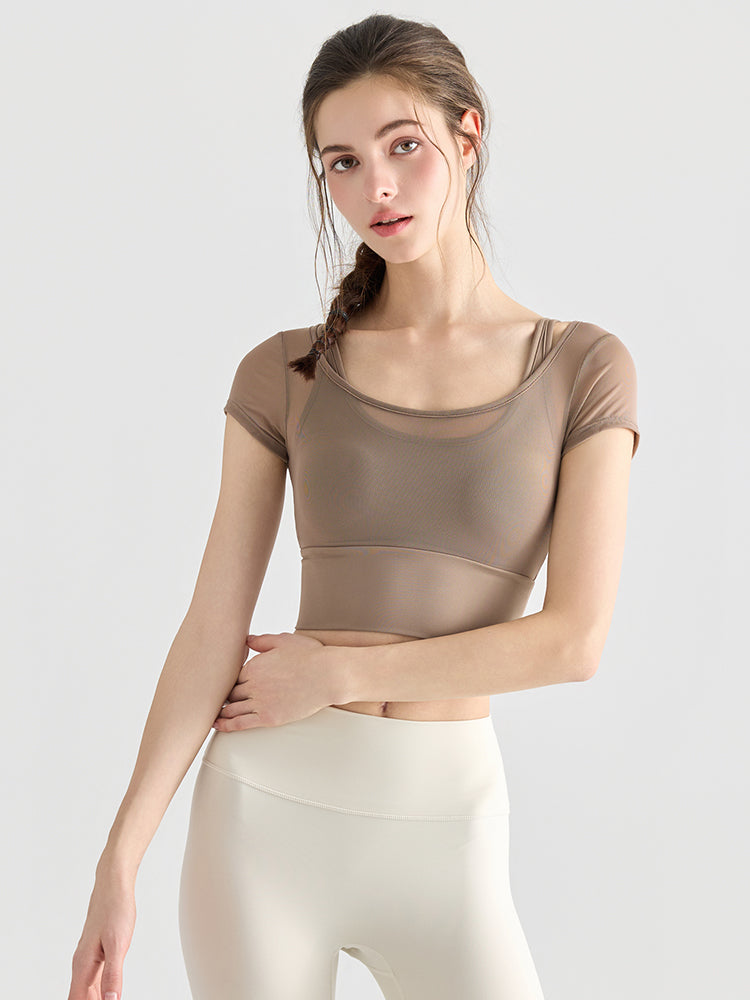 フェイクレイヤード メッシュ切り替え 半袖 ブラカップ付き