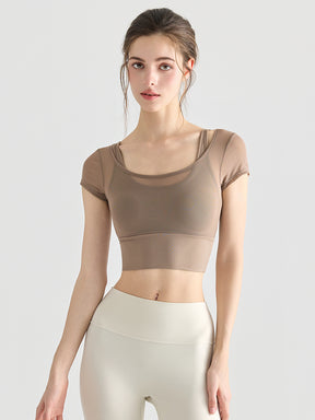 フェイクレイヤード メッシュ切り替え 半袖 ブラカップ付き