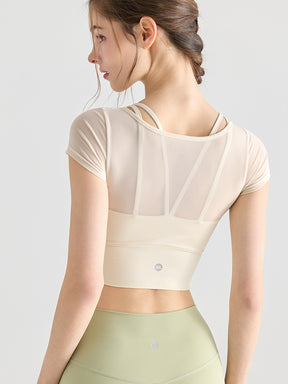 フェイクレイヤード メッシュ切り替え 半袖 ブラカップ付き