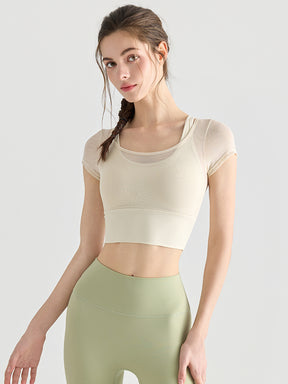 フェイクレイヤード メッシュ切り替え 半袖 ブラカップ付き