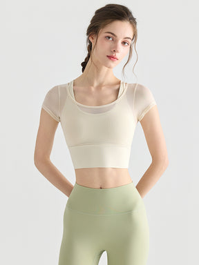 フェイクレイヤード メッシュ切り替え 半袖 ブラカップ付き