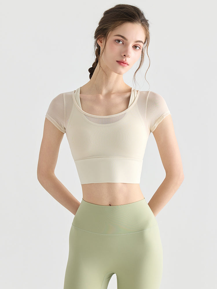 フェイクレイヤード メッシュ切り替え 半袖 ブラカップ付き