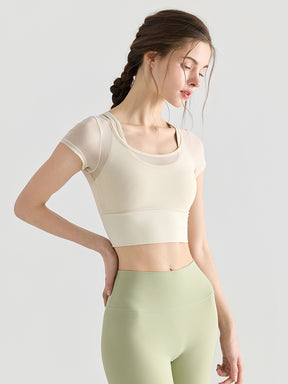 フェイクレイヤード メッシュ切り替え 半袖 ブラカップ付き