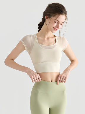 フェイクレイヤード メッシュ切り替え 半袖 ブラカップ付き