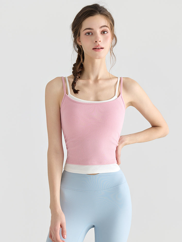 配色 美背 リブ ダブルストラップ キャミソール