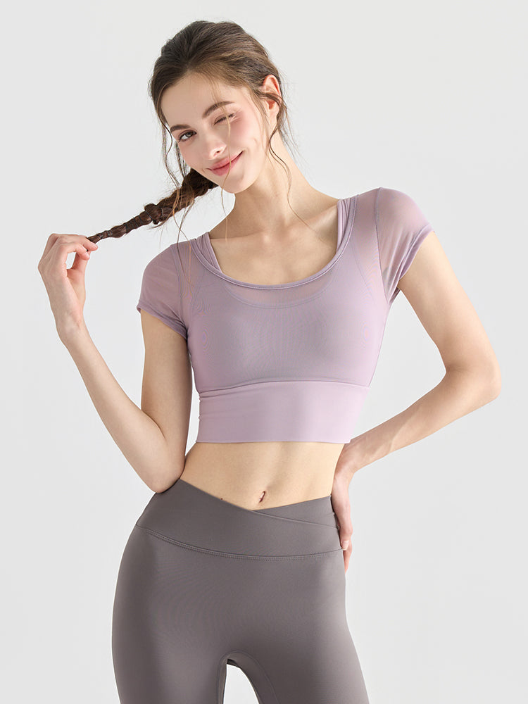 フェイクレイヤード メッシュ切り替え 半袖 ブラカップ付き