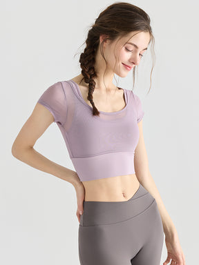 フェイクレイヤード メッシュ切り替え 半袖 ブラカップ付き