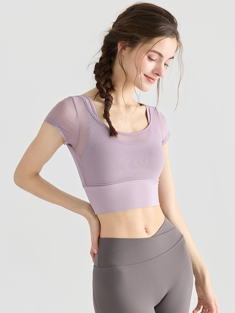 フェイクレイヤード メッシュ切り替え 半袖 ブラカップ付き