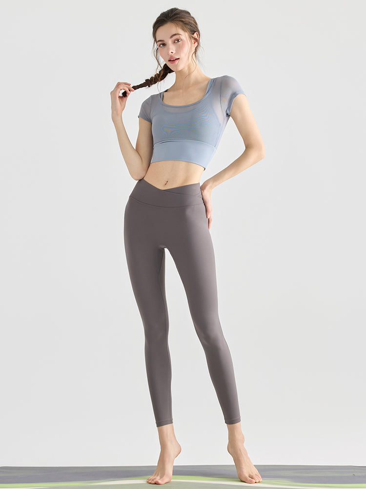 フェイクレイヤード メッシュ切り替え 半袖 ブラカップ付き