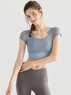 フェイクレイヤード メッシュ切り替え 半袖 ブラカップ付き