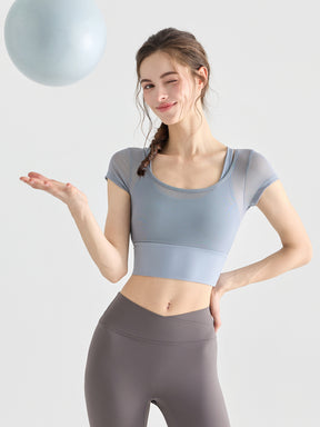 フェイクレイヤード メッシュ切り替え 半袖 ブラカップ付き