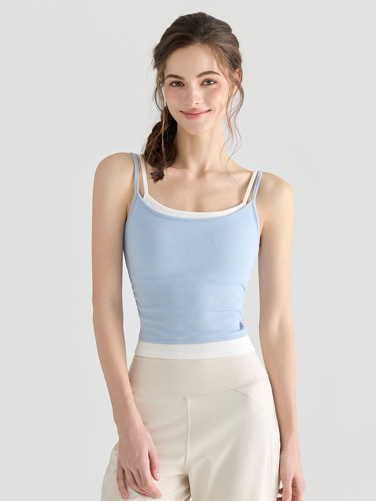 配色 美背 リブ ダブルストラップ キャミソール