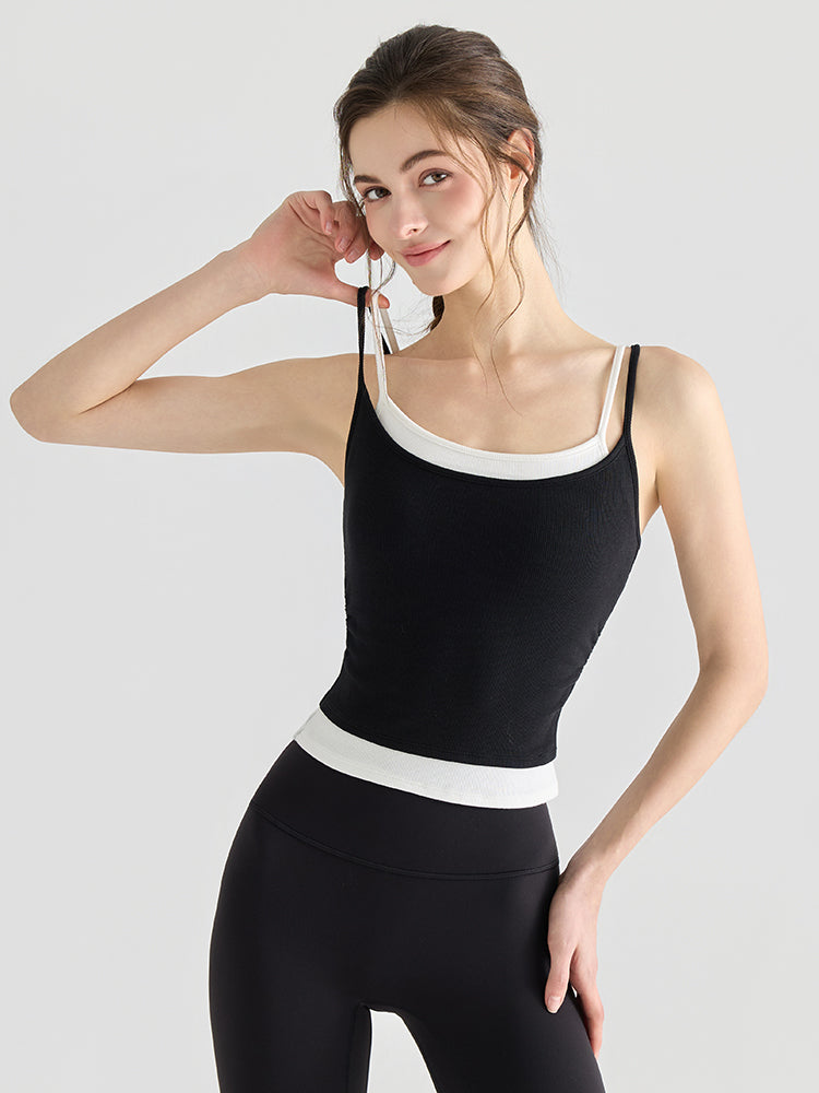 配色 美背 リブ ダブルストラップ キャミソール