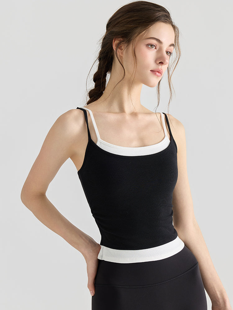 配色 美背 リブ ダブルストラップ キャミソール