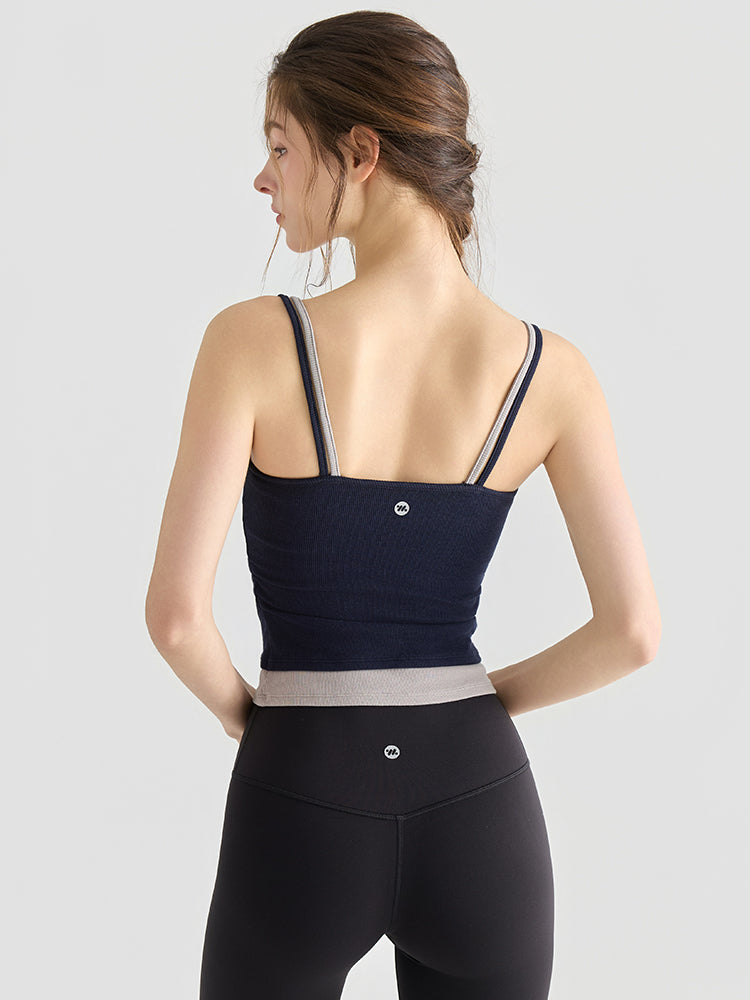 配色 美背 リブ ダブルストラップ キャミソール