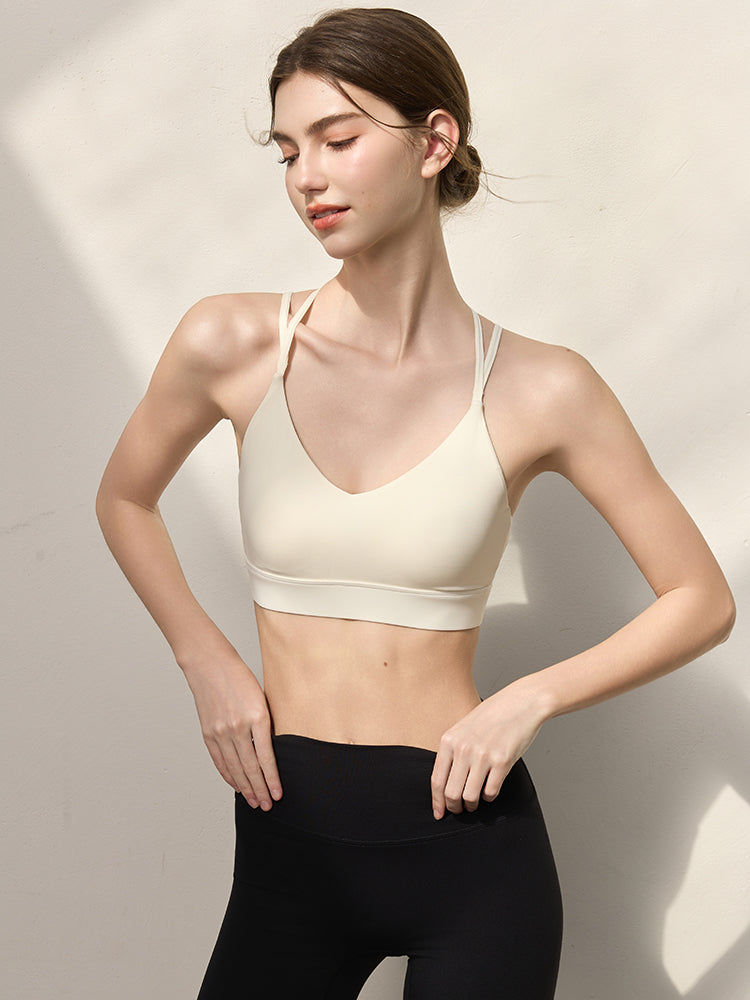 美背 薄手 Vネック パッド付き スポーツブラ