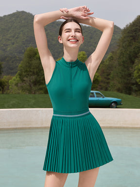 「4月下旬入荷予定」接触冷感 UVカット通気 プリーツ ワンピース パッド付き　