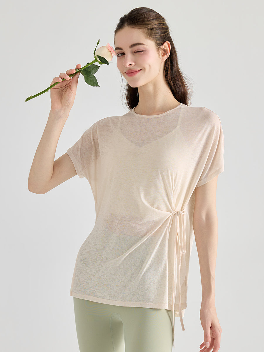 軽量 メッシュ サイドリボン ヨガTシャツ 体型カバー