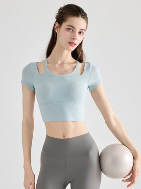 YoRib™ シリーズ カップ付き 半袖 ヨガトップス レイヤード風 ショート丈 ストレッチ
