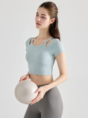 YoRib™ シリーズ カップ付き 半袖 ヨガトップス レイヤード風 ショート丈 ストレッチ