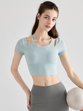 YoRib™ シリーズ カップ付き 半袖 ヨガトップス レイヤード風 ショート丈 ストレッチ