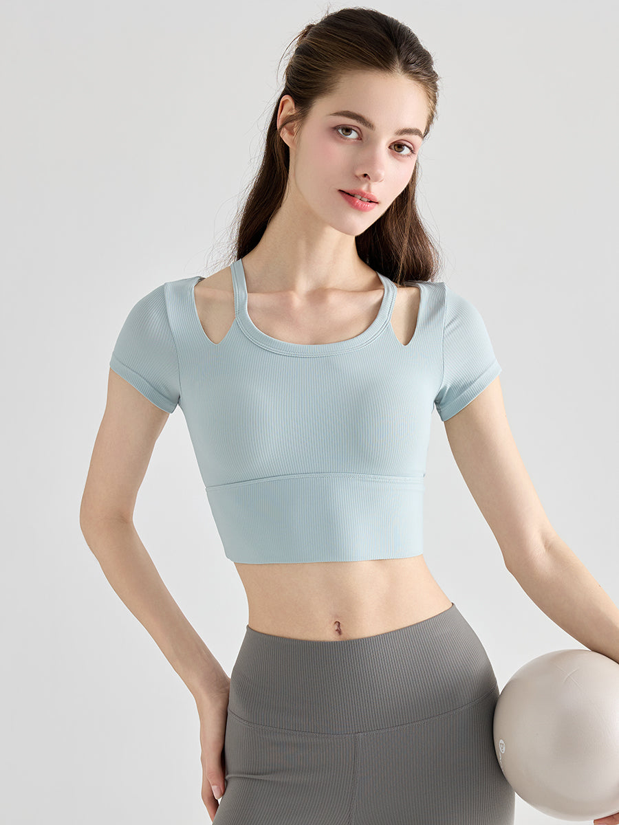 YoRib™ シリーズ カップ付き 半袖 ヨガトップス レイヤード風 ショート丈 ストレッチ