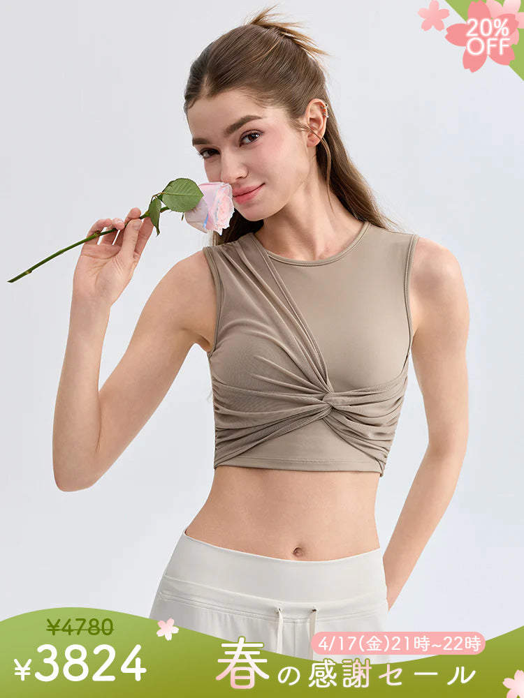 蝶結び風 ノースリーブ パッド付き クロップド丈 タンクトップ