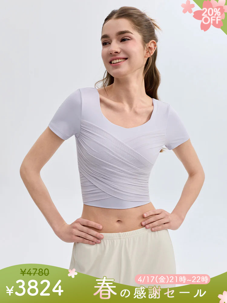 クロス メッシュ 半袖 ピラティスウェア パッド付き