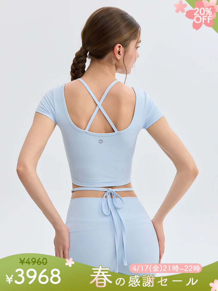 接触冷感 フェイクレイヤード クロップド丈 半袖 ピラティスウェア