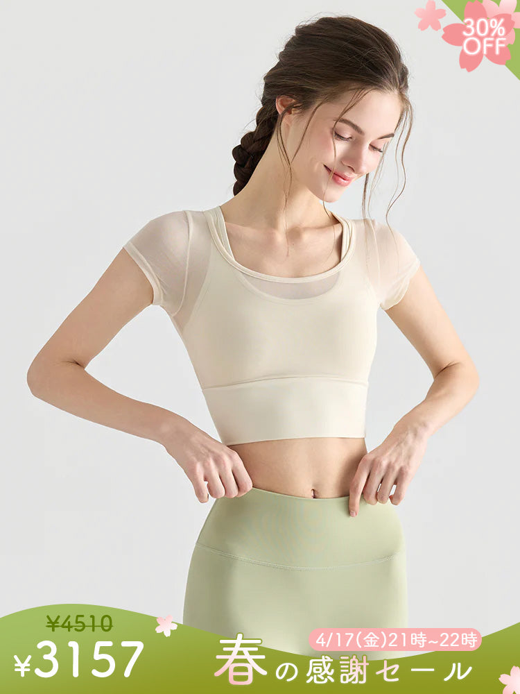 フェイクレイヤード メッシュ切り替え 半袖 ブラカップ付き