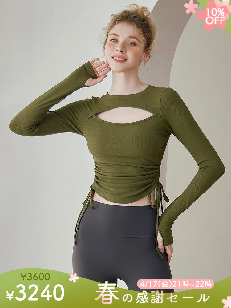 前開き 長袖Tシャツ サイドシャーリング入り