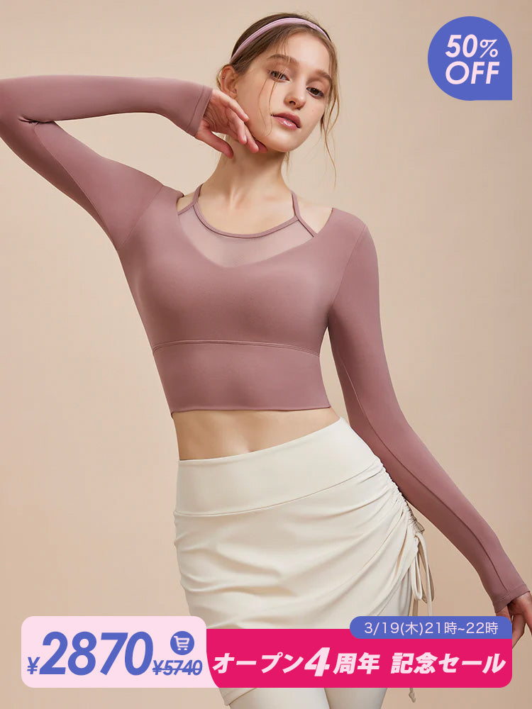 メッシュ切り替え フェイクレイヤード ブラトップ 長袖