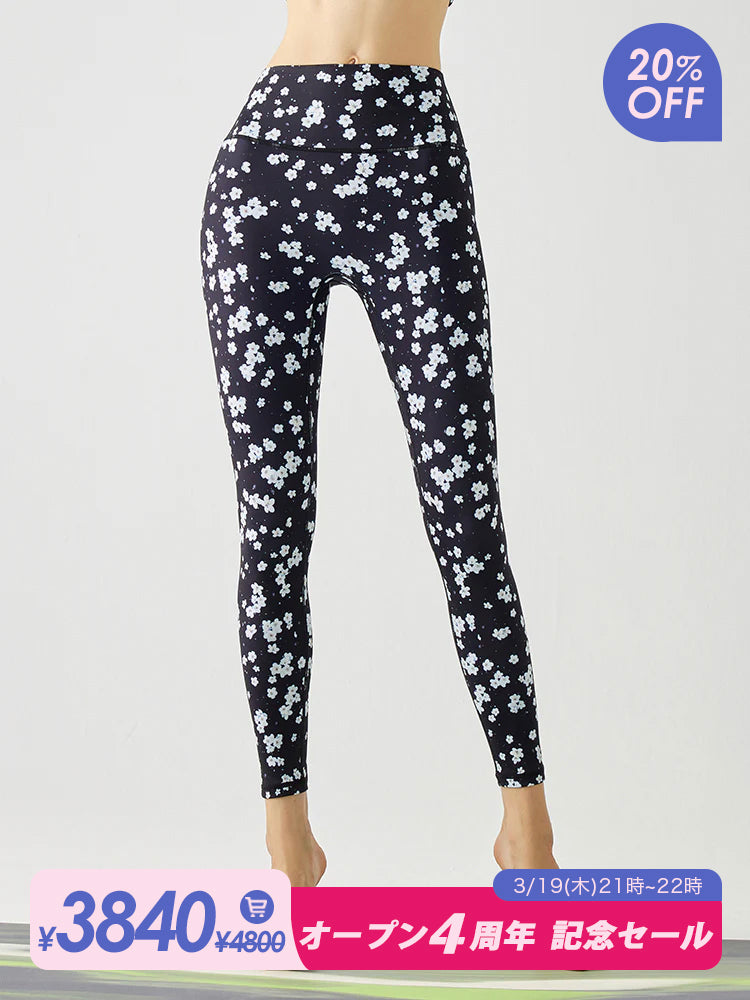 小花柄 ハイウェスト シームレス レギンス