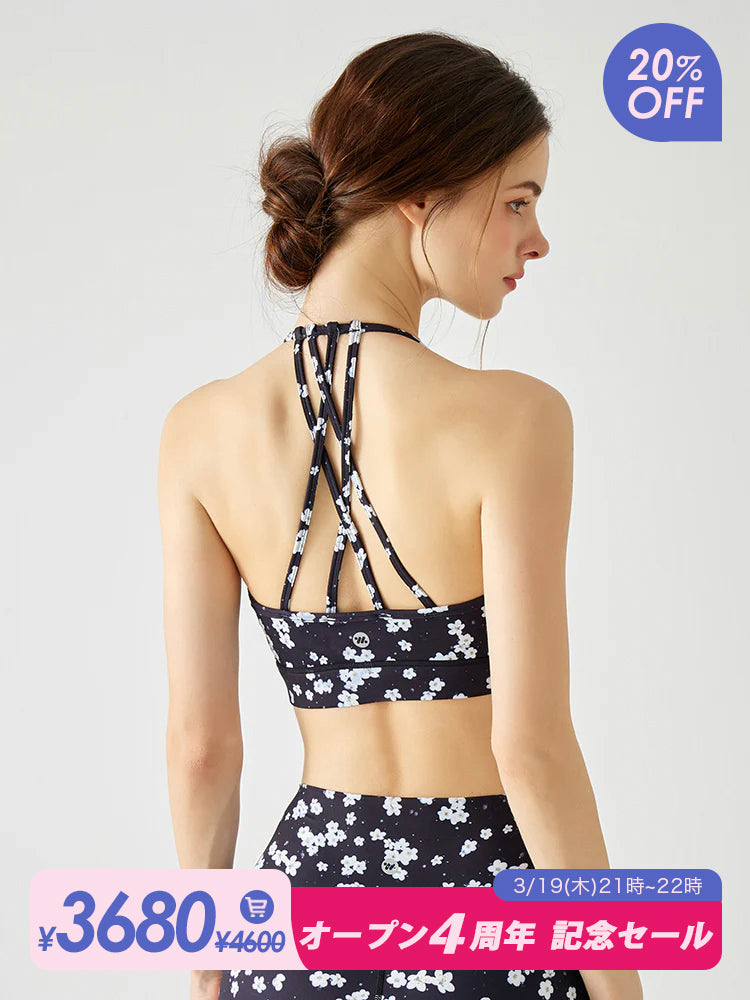 小花柄 背中見せ ホルターネック スポーツブラ