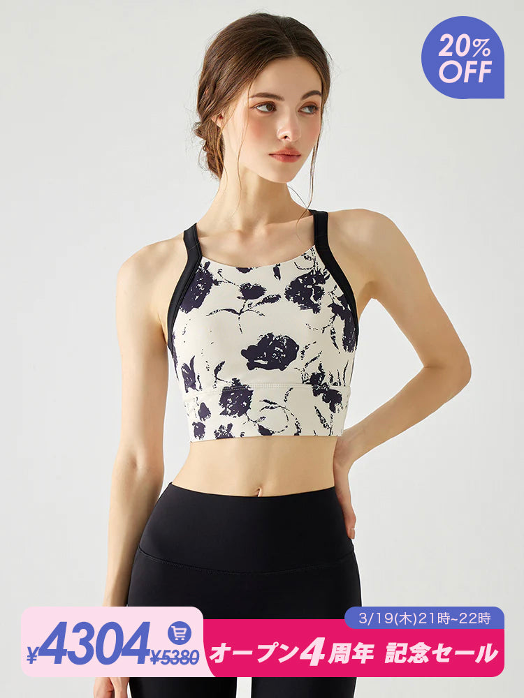 背中見せ 花柄 ブラトップ パッド付き