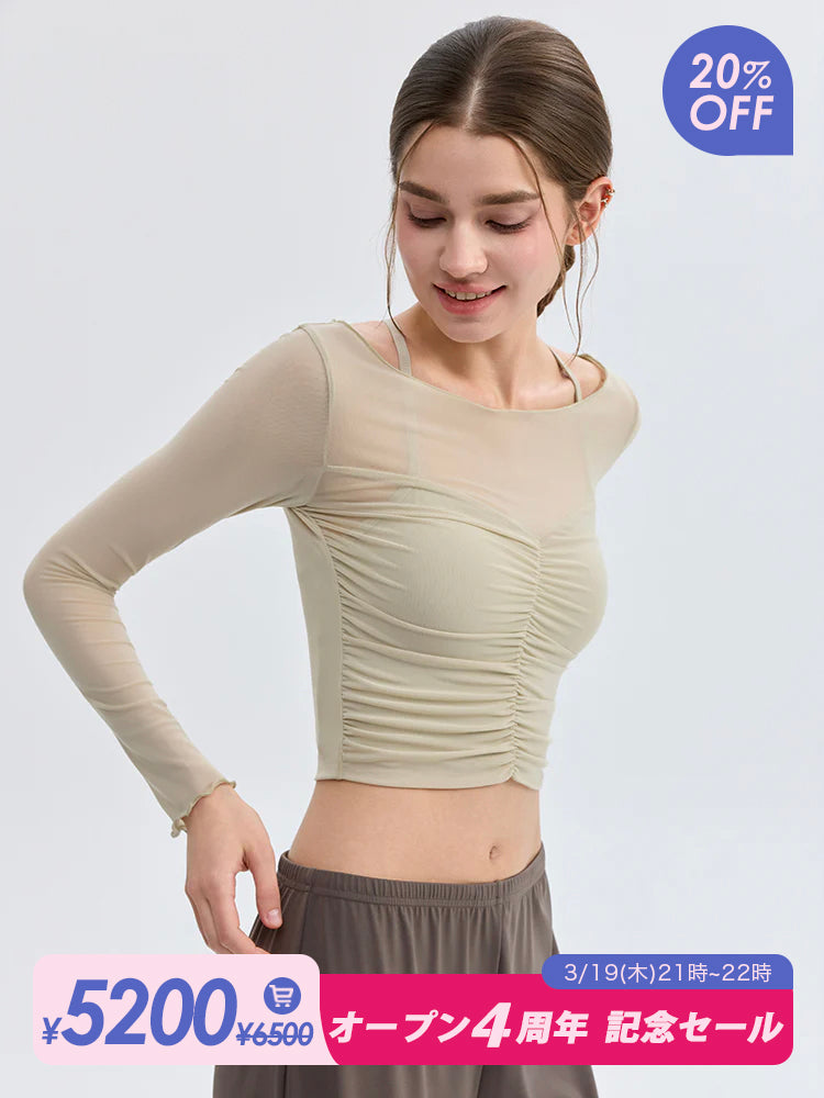 スリム見え 透け感 キャミソール×メッシュ長袖トップス2点セット