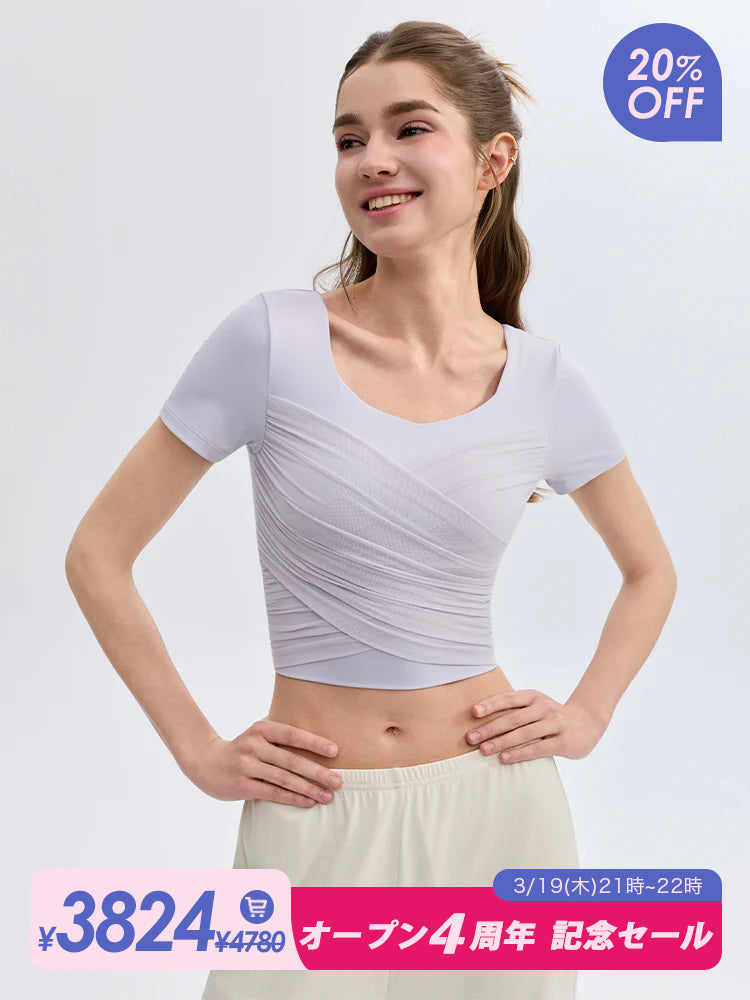 クロス メッシュ 半袖 ピラティスウェア パッド付き