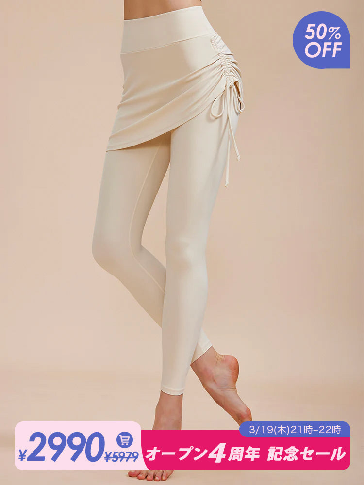 2in1 スカート付きレギンス ドローストリング ハイウエスト レギンス