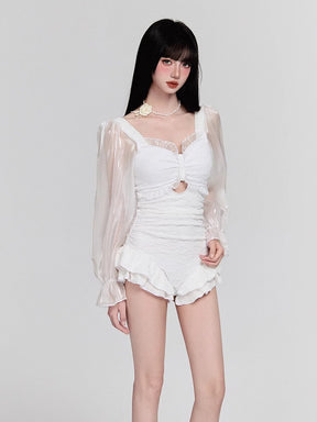 パフ長袖 フリルショーツ 露出控え ワンピース お洋服っぽい水着