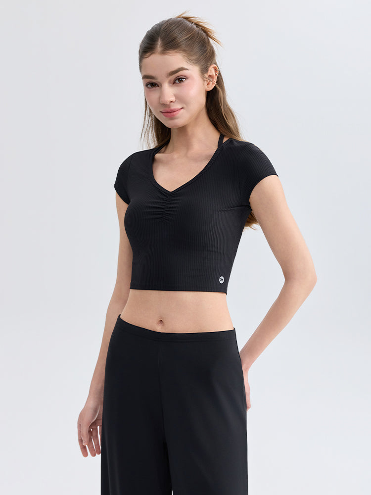 ソフトリブ スリムフィット パッド付き ヨガウェア 半袖