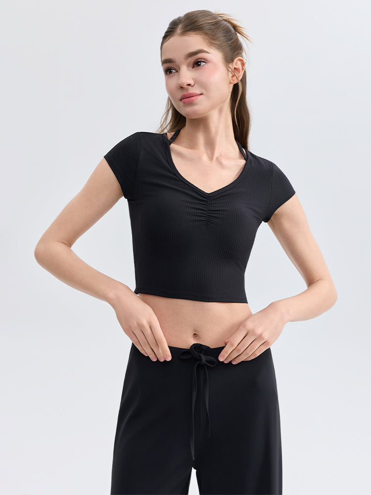 ソフトリブ スリムフィット パッド付き ヨガウェア 半袖