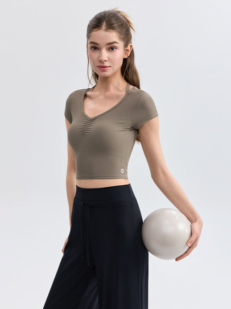 ソフトリブ スリムフィット パッド付き ヨガウェア 半袖