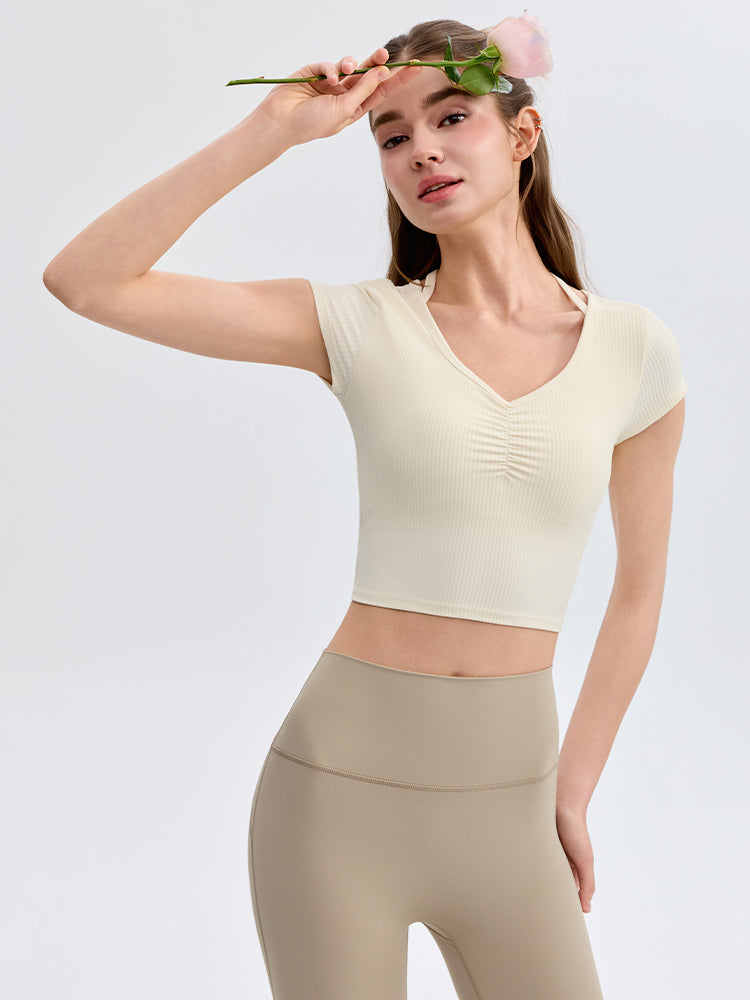 ソフトリブ スリムフィット パッド付き ヨガウェア 半袖