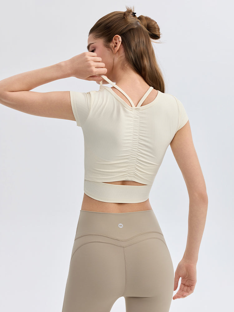 ソフトリブ スリムフィット パッド付き ヨガウェア 半袖