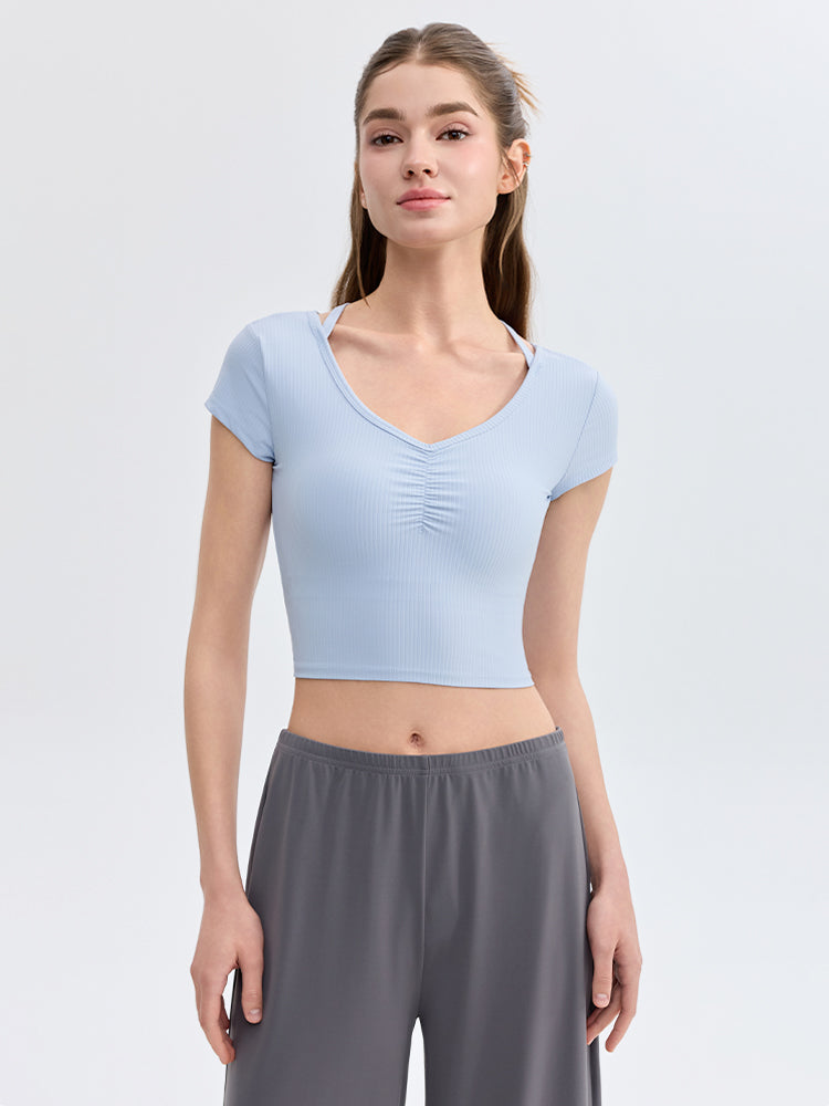 ソフトリブ スリムフィット パッド付き ヨガウェア 半袖