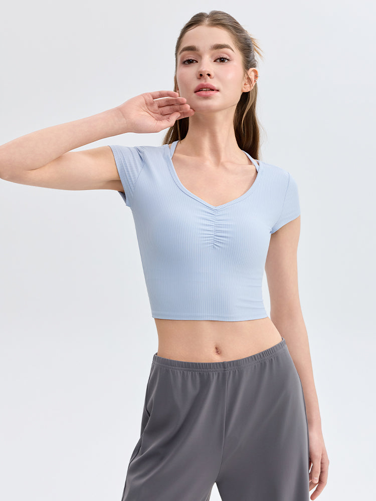 ソフトリブ スリムフィット パッド付き ヨガウェア 半袖