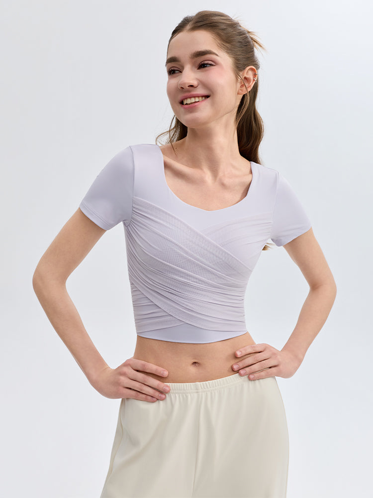 クロス メッシュ 半袖 ピラティスウェア パッド付き