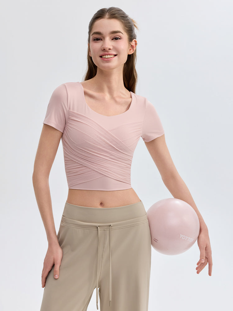 クロス メッシュ 半袖 ピラティスウェア パッド付き