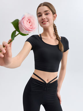 接触冷感 フェイクレイヤード クロップド丈 半袖 ピラティスウェア